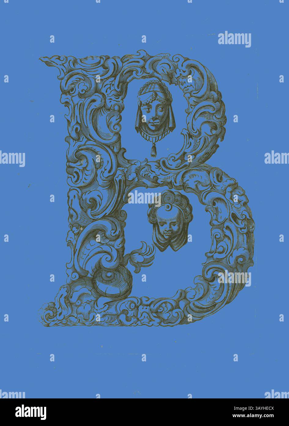 Una lettera "B" dal design complesso, decorata da motivi turbolenti e volti umani dettagliati, è ambientata su uno sfondo blu brillante. Lettera B, 1630, Peter Aubry, tedesco, 1596-1668, Germania, incisione su carta, 233 x 169 mm Arte classica con un tocco moderno reinventata da Artotop Foto Stock