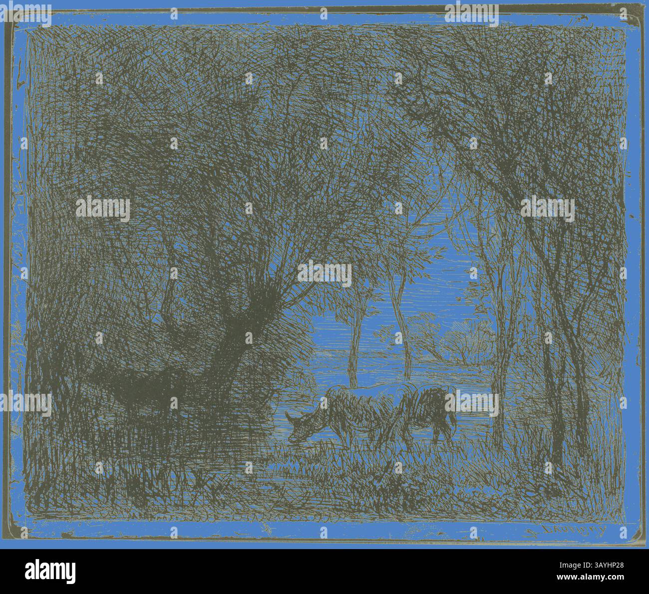 Un tranquillo paesaggio con mucche che pascolano sotto la copertura di alberi, con un suggestivo bordo blu che incornicia la scena. L'interazione di luce e ombra crea un'atmosfera tranquilla, invitante contemplazione della bellezza della natura. Cows in a Wood, 1862, Charles Francois Daubigny, francese, 1817-1878, Francia, cliché-verre su carta fotografica avorio, 156 x 190 mm (immagine), 167 x 203 mm (foglio) Arte classica con un tocco moderno reinventata da Artotop Foto Stock