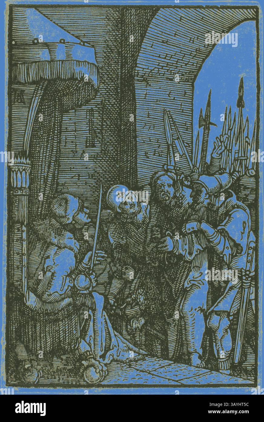 Una scena drammatica che raffigura un gruppo di figure armate che si confrontano con una figura scheletrica, mentre un personaggio seduto osserva di lato. L'ambientazione suggerisce un'atmosfera tesa, mescolando elementi di fantasia e temi medievali, con un'enfasi sul contrasto tra vita e morte. Cristo davanti a Pilato, dalla caduta e dalla Redenzione dell'uomo, 1513, Albrecht Altdorfer, tedesco, c.1480-1538, Germania, Woodcut in nero su carta posato avorio, 72 x 48 mm (immagine/blocco) Arte classica con un tocco moderno reinventata da Artotop Foto Stock