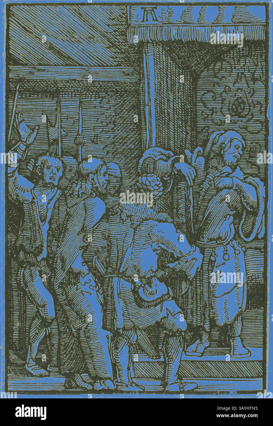 Un gruppo di figure si impegna in un confronto teso, con un individuo che tiene una grande spada. La scena cattura un momento di conflitto, enfatizzando le espressioni di determinazione e intensità tra i partecipanti. Dettagli intricati e abbigliamento storico mettono in risalto l'ambientazione e la gravità della situazione. Cristo davanti a Caifa, dalla caduta e Redenzione dell'uomo, 1513, Albrecht Altdorfer, tedesco, c.1480-1538, Germania, Woodcut in nero su carta posato avorio, 72 x 49 mm (immagine/blocco) Arte classica con un tocco moderno reinventata da Artotop Foto Stock
