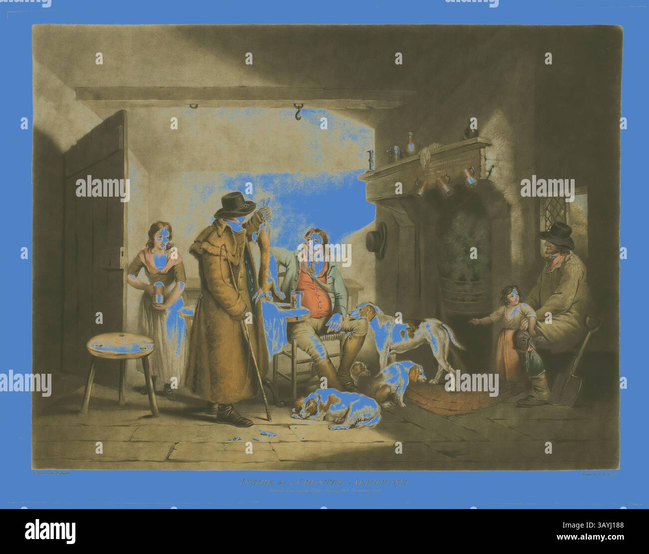 Una scena vivace si sviluppa in un interno rustico, dove un gruppo di personaggi si impegna in varie attività. Un uomo con un cappotto lungo si staglia con un'espressione premurosa, mentre altri conversano nelle vicinanze. I cani si rilassano intorno, aggiungendo un tocco giocoso all'atmosfera. L'ambiente caldo e accogliente suggerisce un senso di comunita' e cameratismo. Inside of a Country Alehouse, pubblicato il 1° marzo 1797, William Ward (inglese, 1766-1826), dopo George Morland (inglese, 1763-1804), Inghilterra, mezzotinta colorata a mano su carta tessuta panna, 457 x 604 mm (immagine), 484 x 610 mm (piatto), 511 x 654 mm (foglio) Arte classica Foto Stock