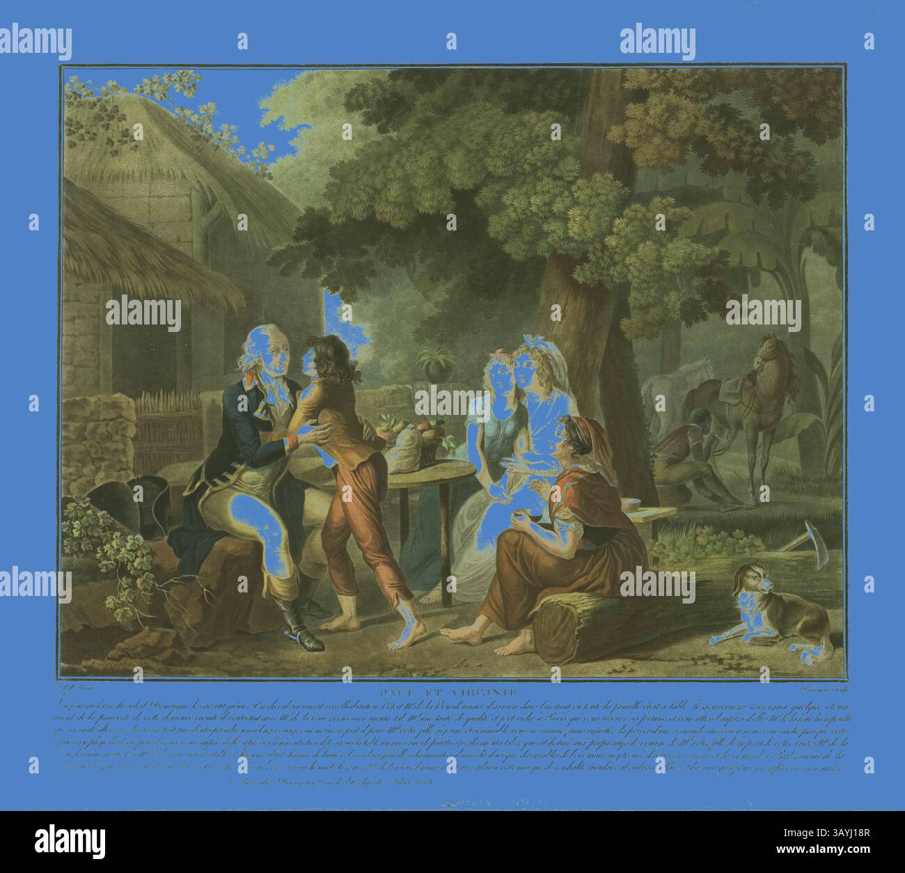 Un gruppo di figure si impegna in una scena vivace, mettendo in mostra un mix di vita domestica e pastorale. In primo piano, due persone condividono un momento intimo a un tavolo, mentre altri partecipano a varie attività nelle vicinanze. Un rigoglioso sfondo di alberi e strutture rustiche ne esalta la composizione e un cane giace pacificamente a terra, contribuendo a creare un'atmosfera serena. L'arrivo di Bourdonnais, 1795, Charles-Melchior Descourtis, francese, 1753-1820, Francia, incisione e incisione stampate in inchiostri giallo, blu, rosso e nero su carta, 375 x 410 mm (immagine), 420 x 465 mm (foglio, taglio interno Foto Stock