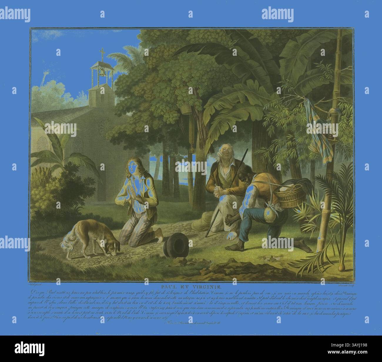 Un tranquillo paesaggio tropicale presenta tre figure impegnate in varie attivita' tra vegetazione lussureggiante e palme. Un uomo ben vestito suona un flauto, mentre un altro si inginocchia nelle vicinanze, e un terzo si erge con un cesto, accompagnato da un cane curioso. Un edificio affascinante con un campanile e' visibile sullo sfondo, ad aggiungere un ambiente idilliaco. La scena è incorniciata da un vivace bordo blu, che ne esalta il fascino artistico. The Prayer, 1795, Charles-Melchior Descourtis, francese, 1753-1820, Francia, incisione e incisione in giallo, blu, rosso e nero su carta, 375 x 412 mm (immagine), 420 x 475 mm (foglio Foto Stock