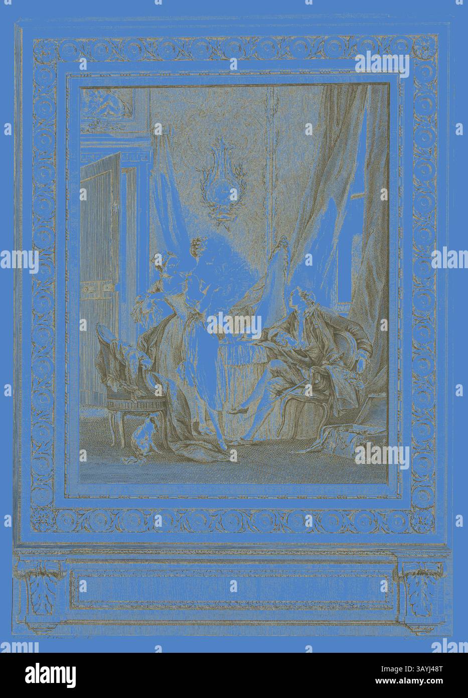 Una camera lussuosamente decorata presenta una coppia elegante impegnata in conversazione, circondata da arredi opulenti, tende drappeggiate e intricati arredi a muro, che evocano un senso di intimità e raffinatezza. Dressing, 1771, Nicolas Ponce (francese, 1746-1831), dopo Pierre Antoine Baudouin (francese, 1723-1769), Francia, incisione su carta, 245 x 190 mm (immagine), 390 x 276 mm (foglio) Arte classica con un tocco moderno reinventata da Artotop Foto Stock