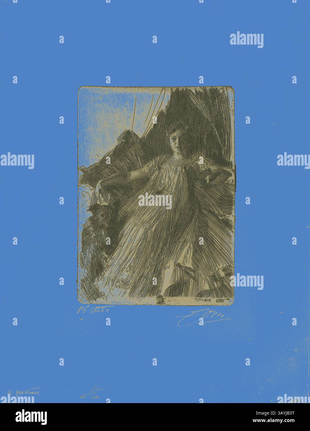 Una figura drappeggiata in tessuto fluente si staglia con sicurezza, circondata da ombre e texture spettacolari. La composizione contrasta uno sfondo suggestivo, richiamando l'attenzione sull'elegante postura e sull'espressione serena del soggetto, evocando un senso di mistero e grazia. Maud Cassel (Sig.ra Ashley), 1898, Anders Zorn, svedese, 1860-1920, Svezia, incisione su carta tessuta marrone chiaro, 180 x 129 mm (fosforo/piastra), 328 x 253 mm (foglio) Arte classica con un tocco moderno reinventata da Artotop Foto Stock