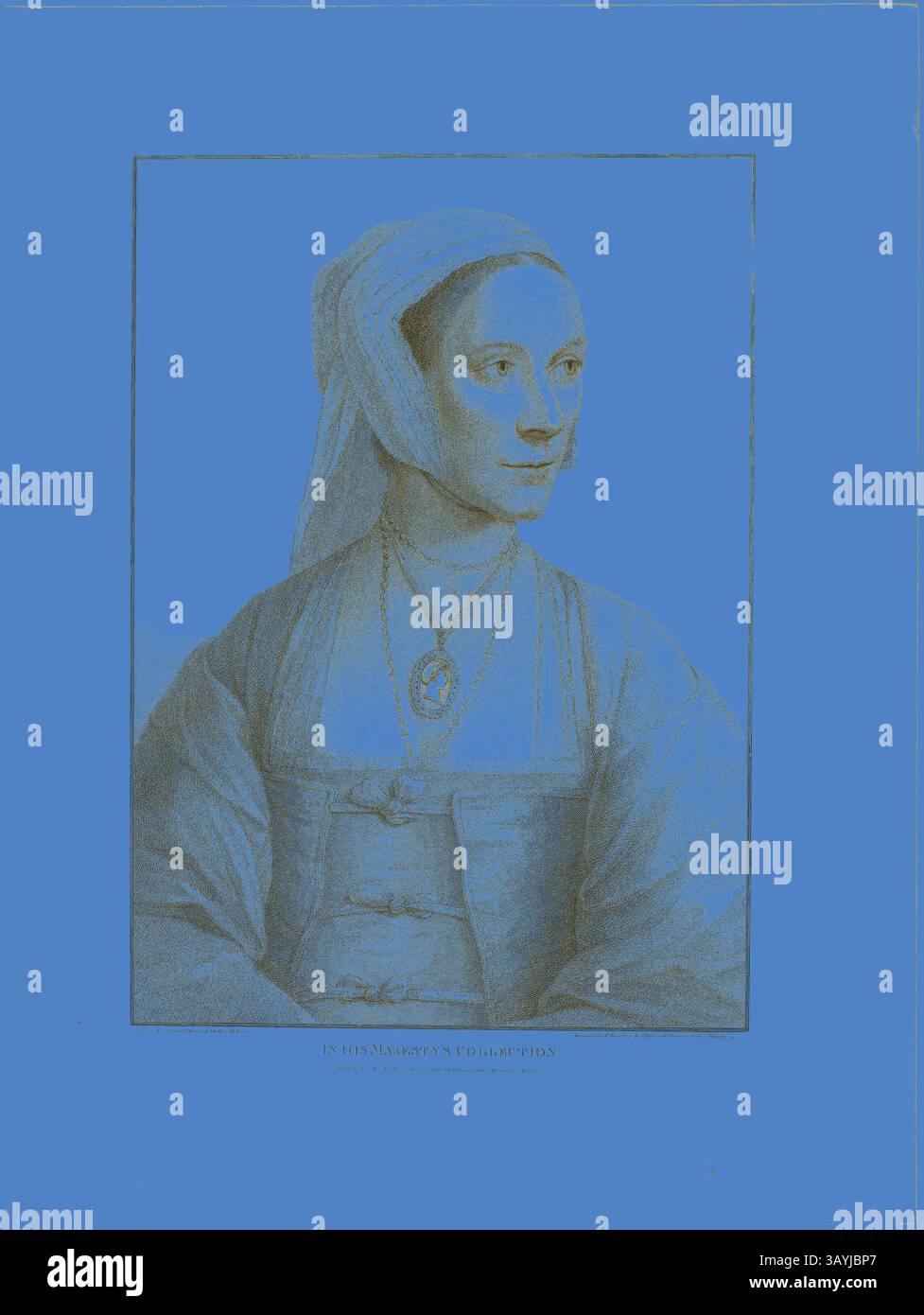 Una donna regale è raffigurata con un abito tradizionale abbinato a una delicata collana, la sua espressione serena incorniciata da un velo. The背景 impiega una sorprendente tonalità blu, in contrasto con i suoi toni neutrali, enfatizzando il suo comportamento avvelenato e le sue caratteristiche graziose. Ritratto di una donna rivolta a destra, 1798, Francesco Bartolozzi (italiano, 1727-1815), dopo Hans Holbein il giovane (tedesco, 1497-1543), Italia, incisione Stipple su carta tessuta panna, 387 x 276 mm (immagine), 431 x 315 mm (piatto), 540 x 405 mm (foglio) Arte classica con un tocco moderno reinventata da Artotop Foto Stock
