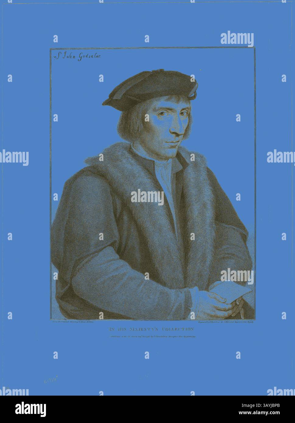 Un uomo che indossa un berretto scuro e un indumento foderato in pelliccia guarda attentamente, tenendo in mano un pezzo di carta. La sua espressione è di contemplazione, e sembra essere una figura di significato, possibilmente da un contesto storico. Lo sfondo esalta l'attenzione sulle sue caratteristiche e sull'abbigliamento. Sir John Godsalve, 1796, Francesco Bartolozzi (italiano, 1727-1815), dopo Hans Holbein il giovane (tedesco, 1497-1543), Italia, incisione Stipple su carta tessuta avorio, 377 x 285 mm (immagine), 428 x 324 mm (piatto), 540 x 401 mm (foglio) Arte classica con un tocco moderno reinventata da Artotop Foto Stock