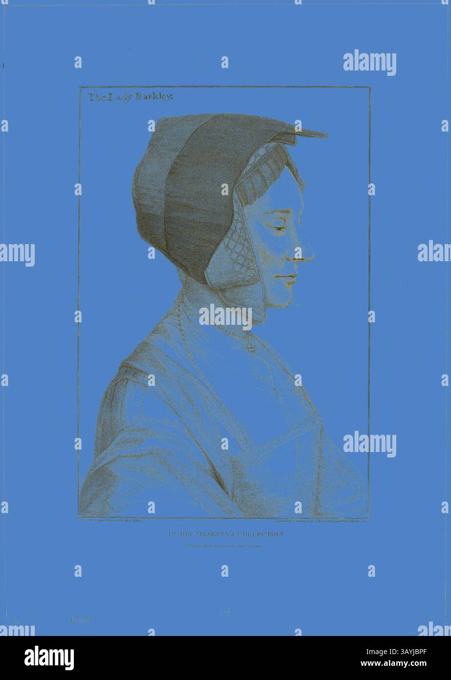 Un ritratto di profilo di una donna che indossa un cofano tradizionale e un abito modesto, su un vivace sfondo blu. La donna appare premurosa, con lo sguardo leggermente rivolto verso il basso. Le opere d'arte mettono in risalto la sua espressione serena e i dettagli sottili del suo abbigliamento. Lady Barkley, 22 settembre 1795, Francesco Bartolozzi (italiano, 1727-1815), dopo Hans Holbein il giovane (tedesco, 1497-1543), Italia, incisione Stipple su carta tessuta panna, 372 x 256 mm (immagine), 420 x 286 mm (piatto), 539 x 381 mm (foglio) Arte classica con un tocco moderno reinventata da Artotop Foto Stock