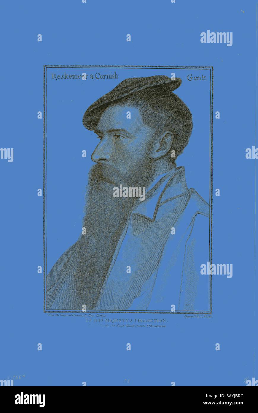 Un uomo distinto con una barba prominente e un berretto guarda attentamente sul lato, rappresentato da un sorprendente sfondo colorato. Il suo abbigliamento suggerisce una connessione con il passato, sottolineando un senso di storia e carattere. Reskimer, 1 marzo 1793, Francesco Bartolozzi (italiano, 1727-1815), dopo Hans Holbein il giovane (tedesco, 1497-1543), Italia, incisione Stipple su carta tessuta panna, 302 x 204 mm (immagine), 330 x 229 mm (piatto), 459 x 306 mm (foglio) Arte classica con un tocco moderno reinventata da Artotop Foto Stock