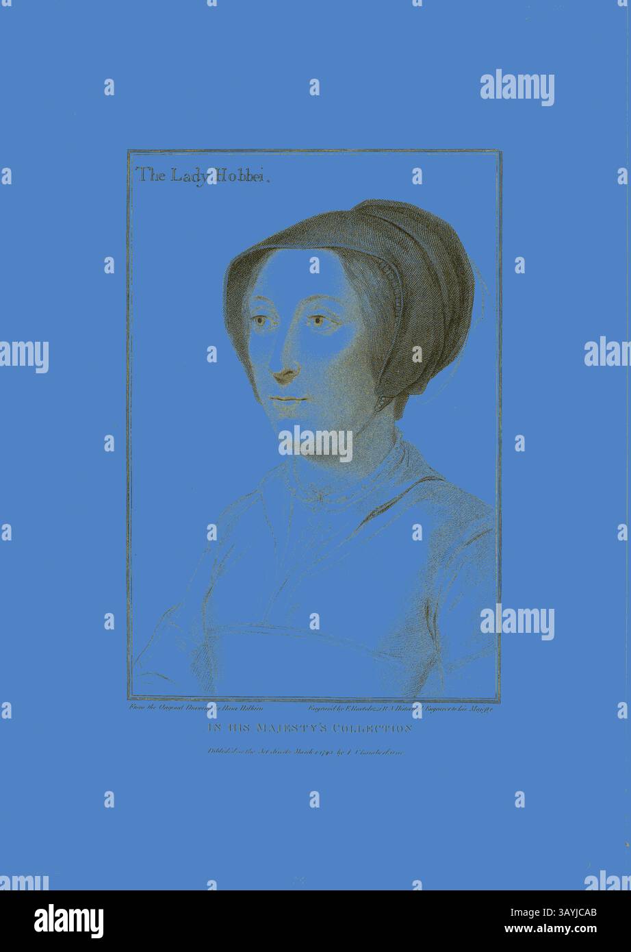 Ritratto di una donna dall'espressione premurosa, con un abito semplice e un cofano, accompagnato dal testo "The Lady Hobbes". Lo sfondo è un blu vibrante che contrasta con il suo abbigliamento silenzioso. Lady Hobby, 1 marzo 1793, Francesco Bartolozzi (italiano, 1727-1815), dopo Hans Holbein il giovane (tedesco, 1497-1543), Italia, incisione Stipple su carta tessuta avorio, 289 x 197 mm (immagine), 343 x 255 mm (piatto), 463 x 327 mm (foglio) Arte classica con un tocco moderno reinventata da Artotop Foto Stock