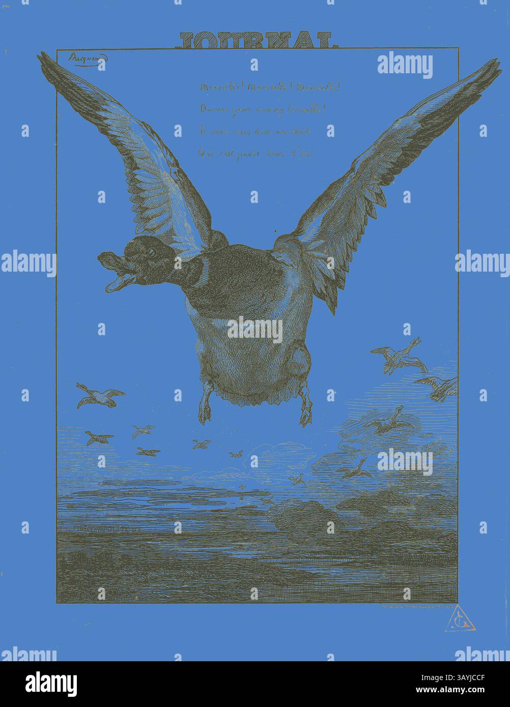 Un grande uccello sorvola un paesaggio sereno, circondato da figure volanti più piccole. La scena è evidenziata da vivaci tonalità blu, che migliorano il movimento dinamico dell'uccello centrale mentre scivola attraverso il cielo. Le righe di testo sopra suggeriscono un tema riflettente, invitando alla contemplazione. The Duck, 1856, Felix Bracquemond, francese, 1833–1914, Francia, incisione su carta tessuta avorio, 175 x 127 mm (immagine), 205 x 158 mm (foglio) Arte classica con un tocco moderno reinventata da Artotop Foto Stock