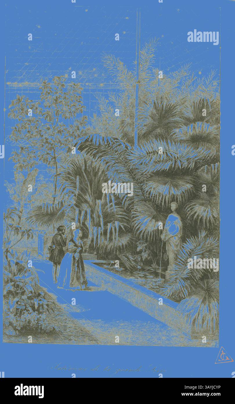 Un tranquillo parco presenta due figure in un elegante abbigliamento che guardano il lussureggiante fogliame, mentre un soldato si trova nelle vicinanze, aggiungendo un tocco di grandezza all'ambiente tranquillo. Piante e alberi tropicali incorniciano il percorso, creando un'atmosfera lussureggiante e invitante. Interno della grande serra, 1842, Charles Daubigny, francese, 1817-1878, Francia, incisione su carta bianca tessuta, 174 x 112 mm (immagine), 277 x 219 mm (piastra), 356 x 267 mm (foglio) Arte classica con un tocco moderno reinventata da Artotop Foto Stock