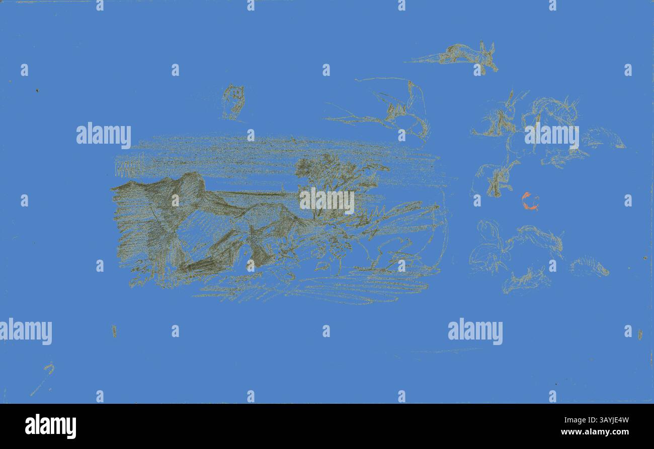 Una scena surreale caratterizzata da forme e contorni astratti che suggeriscono elementi della natura e del movimento dinamico su uno sfondo blu vibrante. Texture sottili e linee morbide creano una qualità da sogno, invitando a esplorare l'interazione tra le figure raffigurate e l'ambiente circostante. Bozzetti: Rocky Setting and Rabbits, n.d., Charles Francois Daubigny, francese, 1817-1878, Francia, grafite su carta intrecciata avorio, 118 x 191 mm arte classica con un tocco moderno reinventata da Artotop Foto Stock