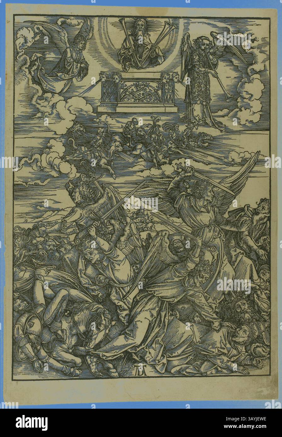 Una scena drammatica che raffigura un'intensa battaglia tra angeli e demoni, con una figura centrale che rappresenta l'autorità divina che sovrintende al caos sottostante. La composizione è piena di movimenti dinamici, intricati dettagli di armature e armi e uno sfondo celeste che mette in evidenza il conflitto tra il bene e il male. The Four Avenging Angels of Euphrates, from the Apocalypse, c. 1496–98, pubblicato nel 1511, Albrecht Dürer, tedesco, 1471-1528, Germania, Woodcut in nero su carta posata abbronzata, 395 x 283 mm (immagine), 432 x 302 mm (foglio) Arte classica con un tocco moderno reinventata da Artotop Foto Stock