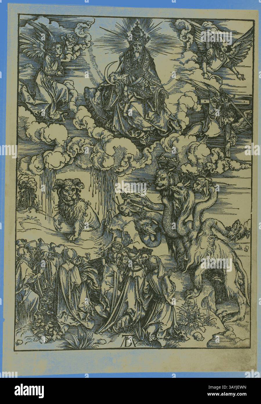 Una scena drammatica raffigurante una figura celeste circondata da angeli e vari altri elementi simbolici. L'immagine presenta una figura cavalleresca al centro, fiancheggiata da esseri eterei, tra nuvole e paesaggi suggestivi. Più in basso, una raccolta di figure sembra essere impegnata nel culto o nella riverenza, mentre creature mitiche aggiungono complessità alla composizione. La Bestia con due corna come un agnello, dall'Apocalisse, c. 1496–98, pubblicato nel 1511, Albrecht Dürer, tedesco, 1471-1528, Germania, Woodcut in nero su carta posata abbronzata, 393 x 282 mm (immagine), 433 x 303 mm (foglio) Classic art con a Foto Stock