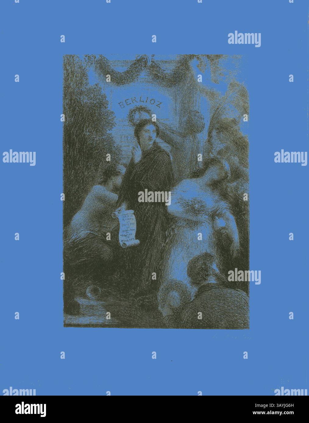 Un ritratto storico che presenta una figura distinta circondata da elementi artistici, con un rotolo in mano e persone impegnate in varie attività nelle vicinanze, il tutto su uno sfondo blu impressionante. Apotheosis, c. 1888, Henri Fantin-Latour, francese, 1836-1904, Francia, litografia in nero con raschiatura su pietra su chine grigiastro-avorio posato su carta tessuta panna, 228 x 155 mm (immagine), 228 x 154 mm (supporto primario), 323 x 253 mm (supporto secondario) Arte classica con un tocco moderno reinventata da Artotop Foto Stock