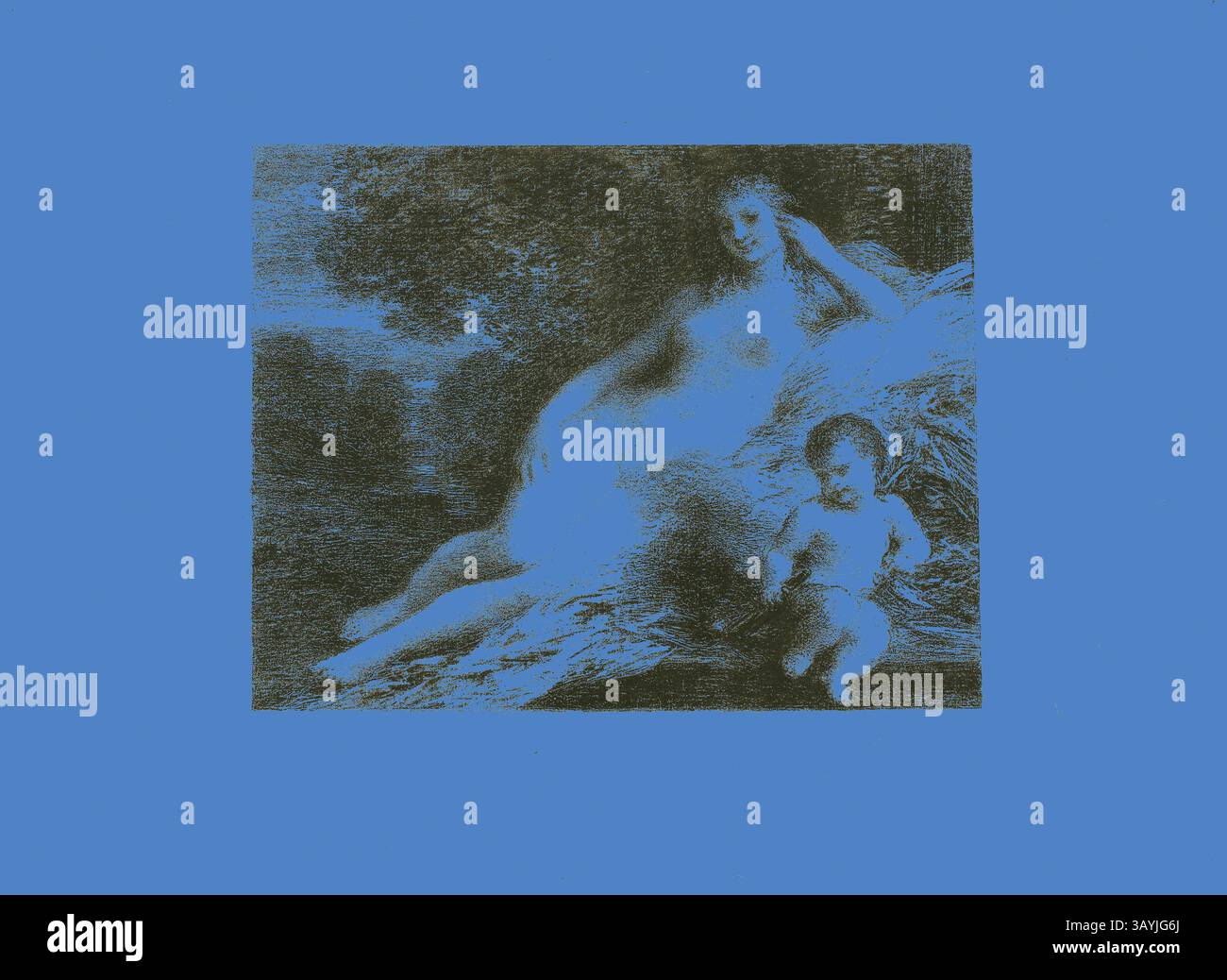 Una rappresentazione serena di una donna sdraiata su un'erba lussureggiante, accompagnata da un bambino piccolo, sullo sfondo di un vivace blu. La scena trasmette un senso di intimità e calore in un ambiente naturale. Venere e Cupido, secondo piatto, 1895, Henri Fantin-Latour, francese, 1836-1904, Francia, litografia in chine nero su bianco sporco, 178 x 229 mm (immagine), 277 x 380 mm (foglio) Arte classica con un tocco moderno reinventata da Artotop Foto Stock