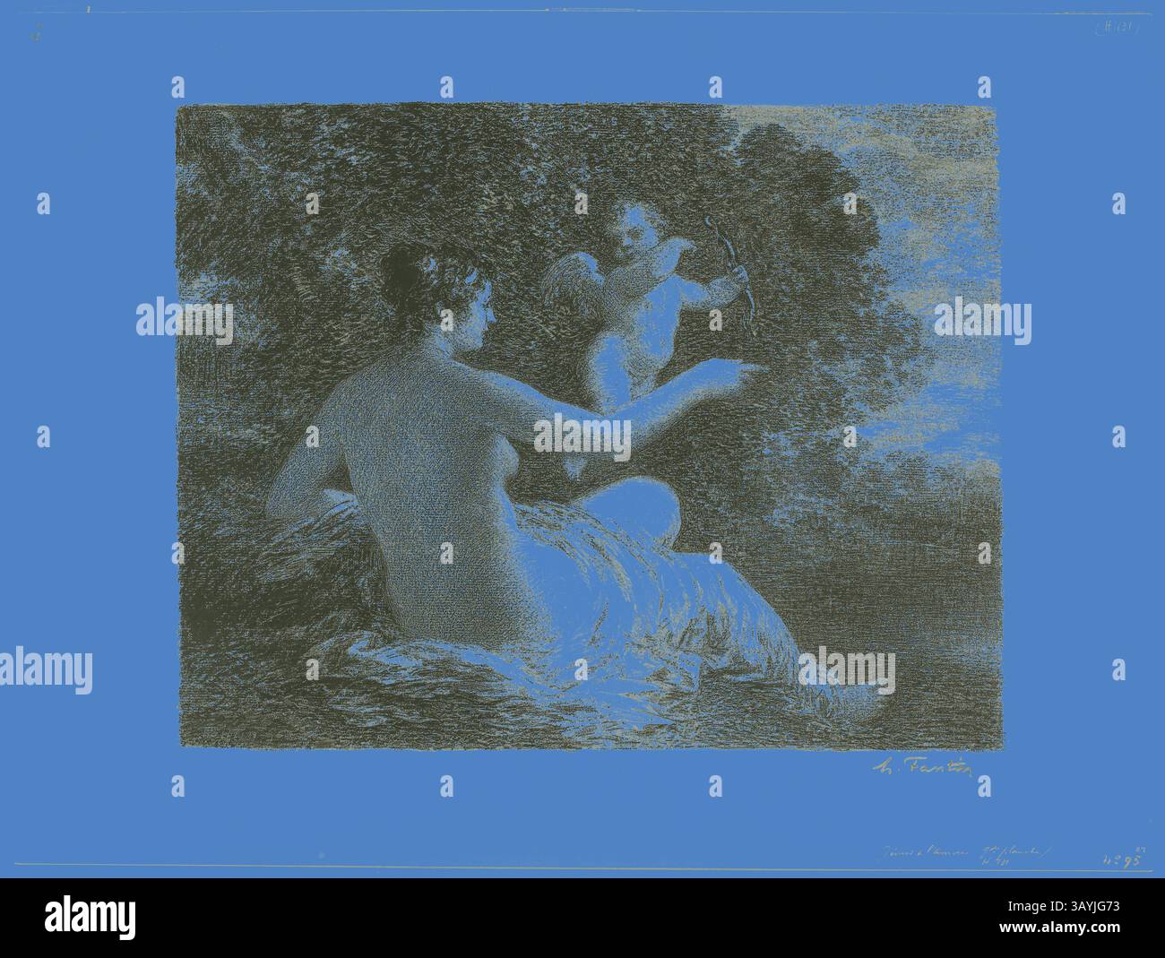 Una scena serena raffigura una figura sdraiata e un cherubino, con la figura che si muove verso l'angelo giocoso, sullo sfondo di un fogliame morbido. La composizione trasmette un senso di intimità e tranquillità, catturando un momento di connessione tra le due figure. Venere e Cupido, piatto grande, 1896, Henri Fantin-Latour, francese, 1836-1904, Francia, litografia in nero su carta in avorio cinese su carta bianca tessuta, 324 x 413 mm (immagine), 428 x 569 mm (foglio) Arte classica con un tocco moderno reinventata da Artotop Foto Stock