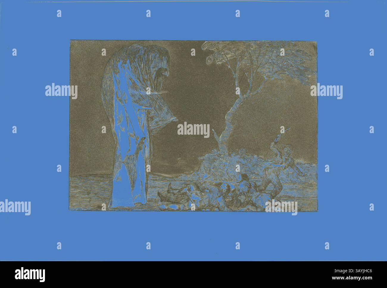 Una figura torreggiante si erge solennemente, guardando verso il basso un gruppo accoccolato alla base di un albero. La scena trasmette un senso di introspezione e contemplazione, con forti contrasti che evidenziano il peso emotivo del momento. Soldiers Frightened by a Phantom, from Disparates, pubblicato come plate 2 a Los Proverbios, 1816–19, pubblicato nel 1864, Francisco José de Goya y Lucientes, spagnolo, 1746-1828, Spagna, acquatinta brunita e marrone-nero su carta tessuta d'avorio, 219 x 319 mm (immagine), 245 x 352 mm (piatto), 332 x 497 mm (foglio) arte classica con un tocco moderno reimmaginato da Artotop Foto Stock