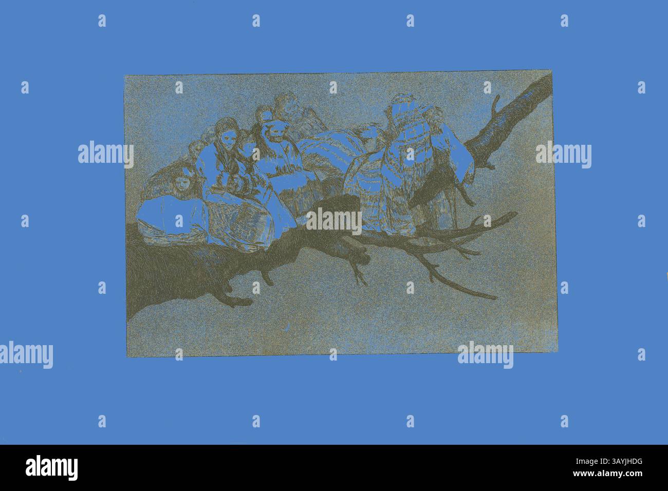 Un gruppo di figure, vestite con abiti storici, siede in cima a un grande ramo, circondato da uno sfondo blu astratto. Le loro espressioni trasmettono un senso di contemplazione, mescolando elementi della natura e dell'immaginazione in un ambiente surreale. Andare tra i rami, cioè parlare attraverso il proprio cappello, piatto tre di Los Proverbios, 1815/24, Francisco José de Goya y Lucientes, spagnolo, 1746-1828, Spagna, Etching, acquatinta e punto di essiccazione su carta tessuta avorio, 212 x 323 mm (immagine), 244 x 352 mm (piastra), 331 x 497 mm (foglio) Arte classica con un tocco moderno reinventata da Artotop Foto Stock