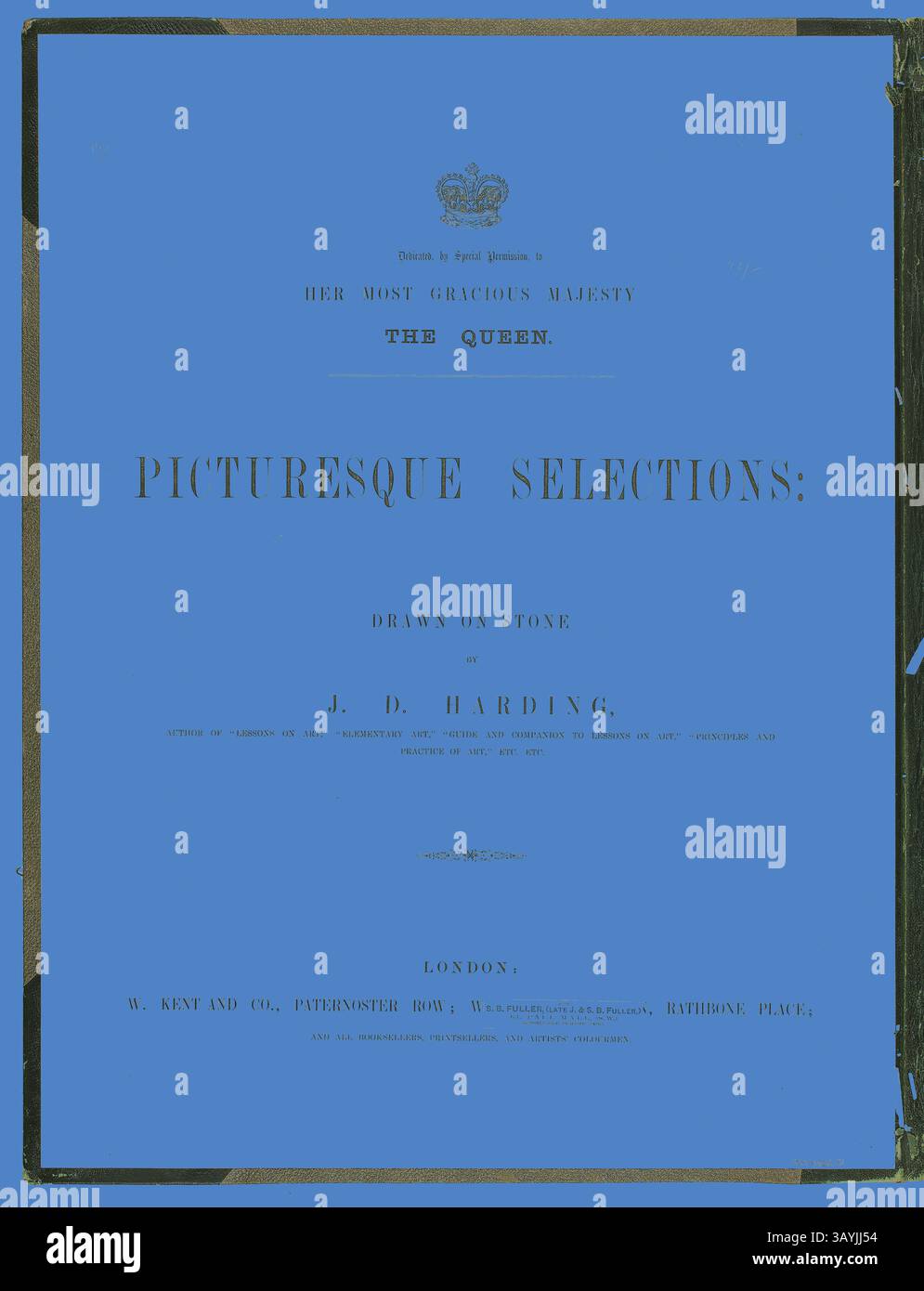 Un frontespizio evidenziato per "pittoresche selezioni" di J.D. Harding, dedicato a sua Maestà la Regina, caratterizzato da una tipografia ornamentale e un bordo decorativo, che enfatizza il suo riconoscimento reale e i temi artistici. Selezioni pittoresche: Pagina di testo, da pittoresche selezioni, c. 1860, James Duffield Harding, (inglese, 1798-1863), pubblicato da W. Kent and Co., Inghilterra, Letterpress su carta, 560 x 430 mm Classic art with a Modern twist reimagined by Artotop Foto Stock