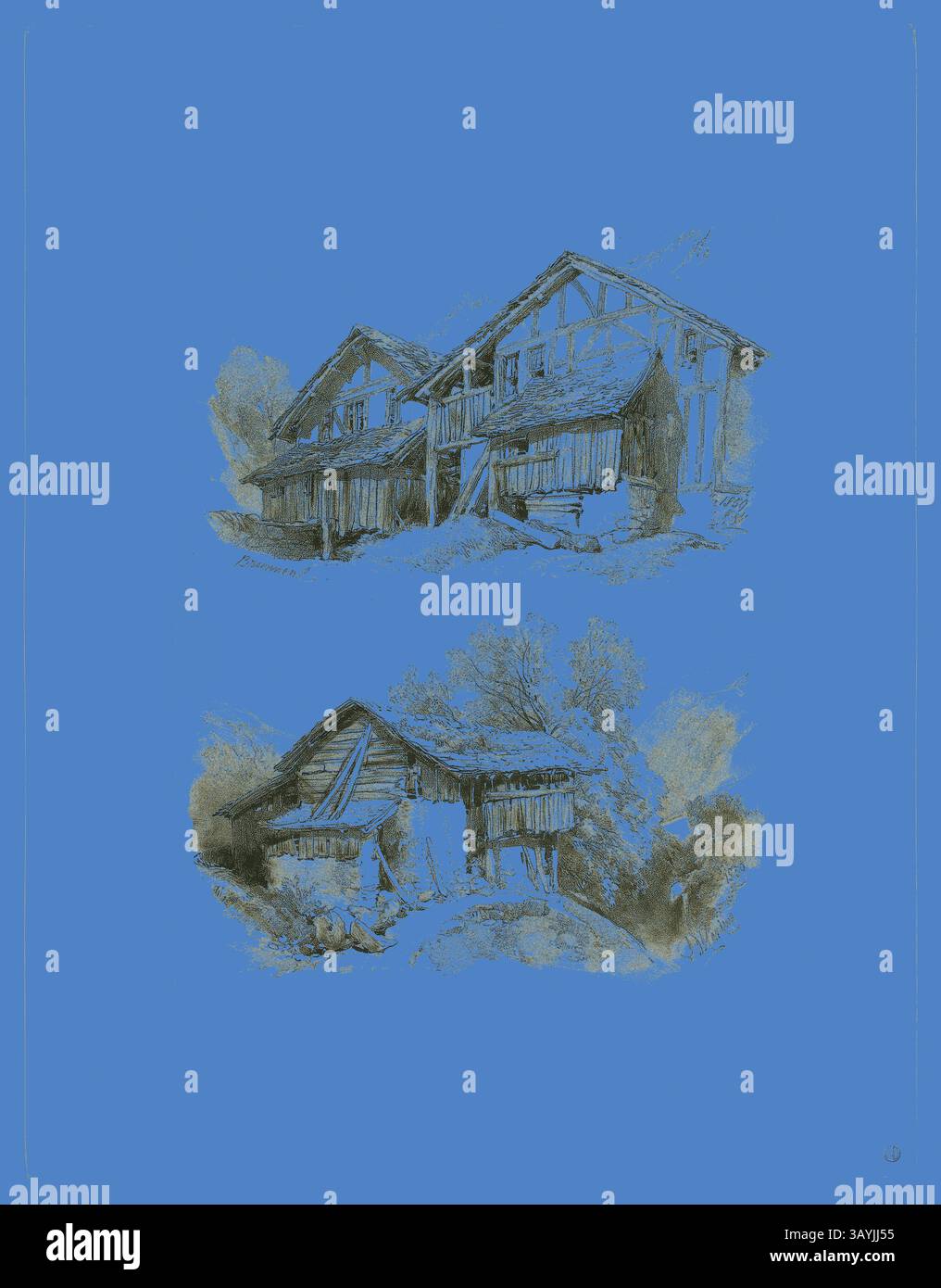 Un paio di case rustiche, che presentano dettagli architettonici e sono circondate da alberi, evocano un senso di tranquillità e nostalgia. Lo sfondo blu intenso a contrasto migliora i dettagli intricati delle strutture. Brunnen, da pittoresche Selections, 1859, James Duffield Harding, (inglese, 1798-1863), pubblicato da W. Kent and Co., Inghilterra, litografia su carta, 384 x 287 mm (supporto primario), 560 x 430 mm (supporto secondario) Arte classica con un tocco moderno reinventata da Artotop Foto Stock