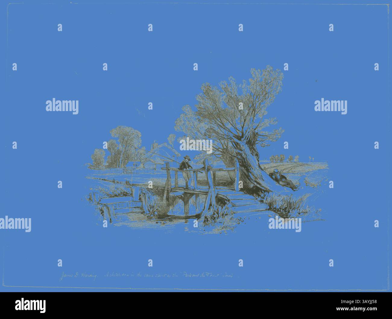 Una tranquilla scena che raffigura un gruppo di individui lungo un corso d'acqua, impegnati in una piacevole attività, circondati da alberi lussureggianti e paesaggi sereni. Landscape with Boy Fishing, n.d., James Duffield Harding, inglese, 1798-1863, Inghilterra, litografia su carta, 175 x 252 mm (immagine), 283 x 382 mm (foglio) Arte classica con un tocco moderno reinventata da Artotop Foto Stock