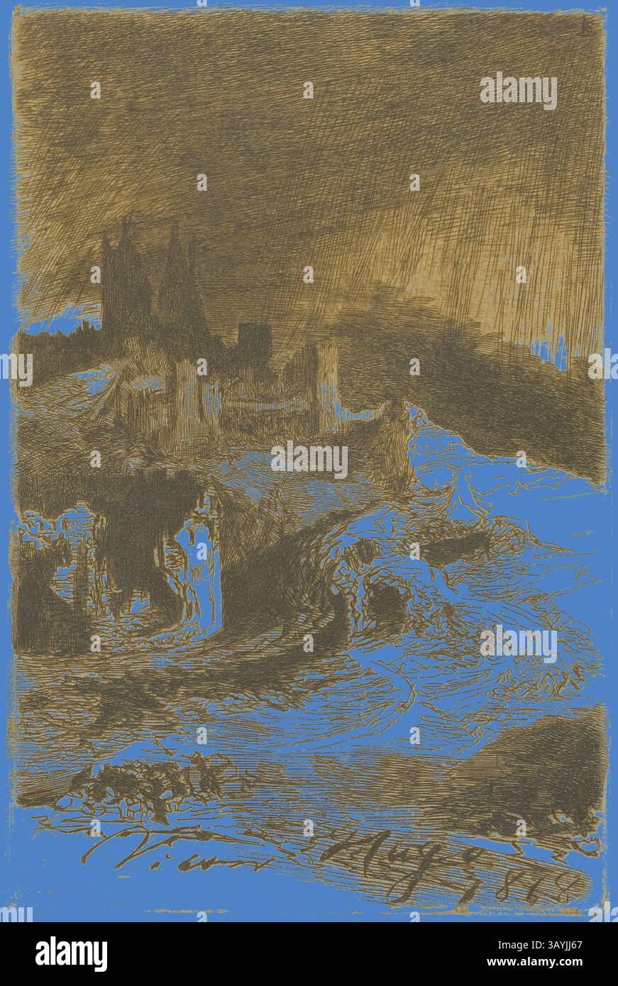 Un paesaggio spettacolare caratterizzato da un cielo turbolento sopra un terreno accidentato, incorniciato da castelli o rovine distanti lungo un fiume tortuoso. La scena evoca un senso di mistero e prepotente, con texture vorticose ed elementi contrastanti che attirano l'attenzione attraverso la composizione. Lightning, 1868, Charles Courtry (francese, 1846-1897), dopo Georges-Victor Hugo (francese, 1867-1925), Francia, incisione in marrone su carta tessuta avorio, 217 x 145 mm (piatto), 387 x 265 mm (foglio) Arte classica con un tocco moderno reinventata da Artotop Foto Stock