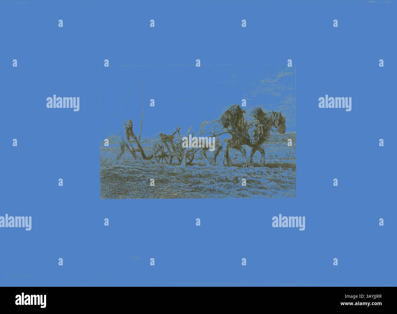 Una scena raffigura un contadino che guida un paio di cavalli che tirano un aratro attraverso un campo, mentre un'altra figura cammina accanto, sottolineando il lavoro della vita rurale e il legame tra esseri umani e animali in agricoltura. Aratura, c. 1865, Charles Émile Jacque, francese, 1813-1894, Francia, incisione su carta posata in avorio, 154 x 227 mm (immagine), 215 x 274 mm (piastra), 325 x 454 mm (foglio) Arte classica con un tocco moderno reinventata da Artotop Foto Stock