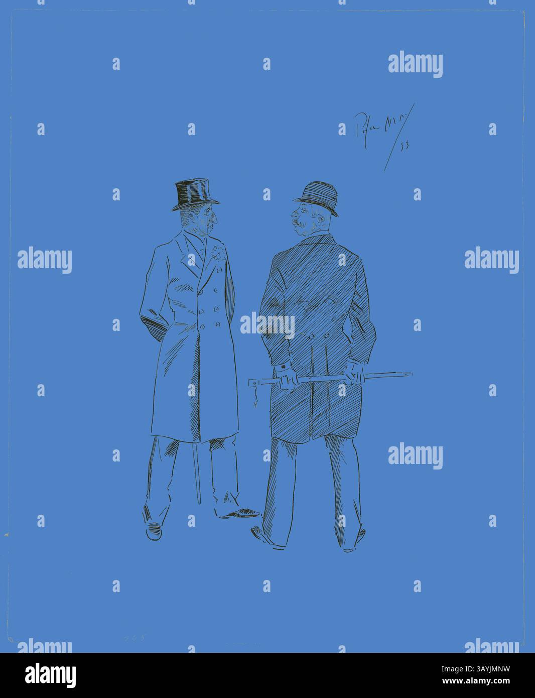 Due uomini elegantemente vestiti si impegnano in conversazione. Uno indossa un cappello e un cappotto lungo, mentre l'altro sfoggia un cappello da bocciatore e tiene in mano un bastone. La loro postura suggerisce un senso di cameratismo e di discussione preparata. Lo sfondo è blu, che esalta i dettagli del loro abbigliamento. Two Gentlemen with Walking Sticks, 1893, Philipp William May, inglese, 1864-1903, Inghilterra, penna e inchiostro nero su tracce di grafite su carta intrecciata in avorio, 318 x 258 mm arte classica con un tocco moderno reinventata da Artotop Foto Stock