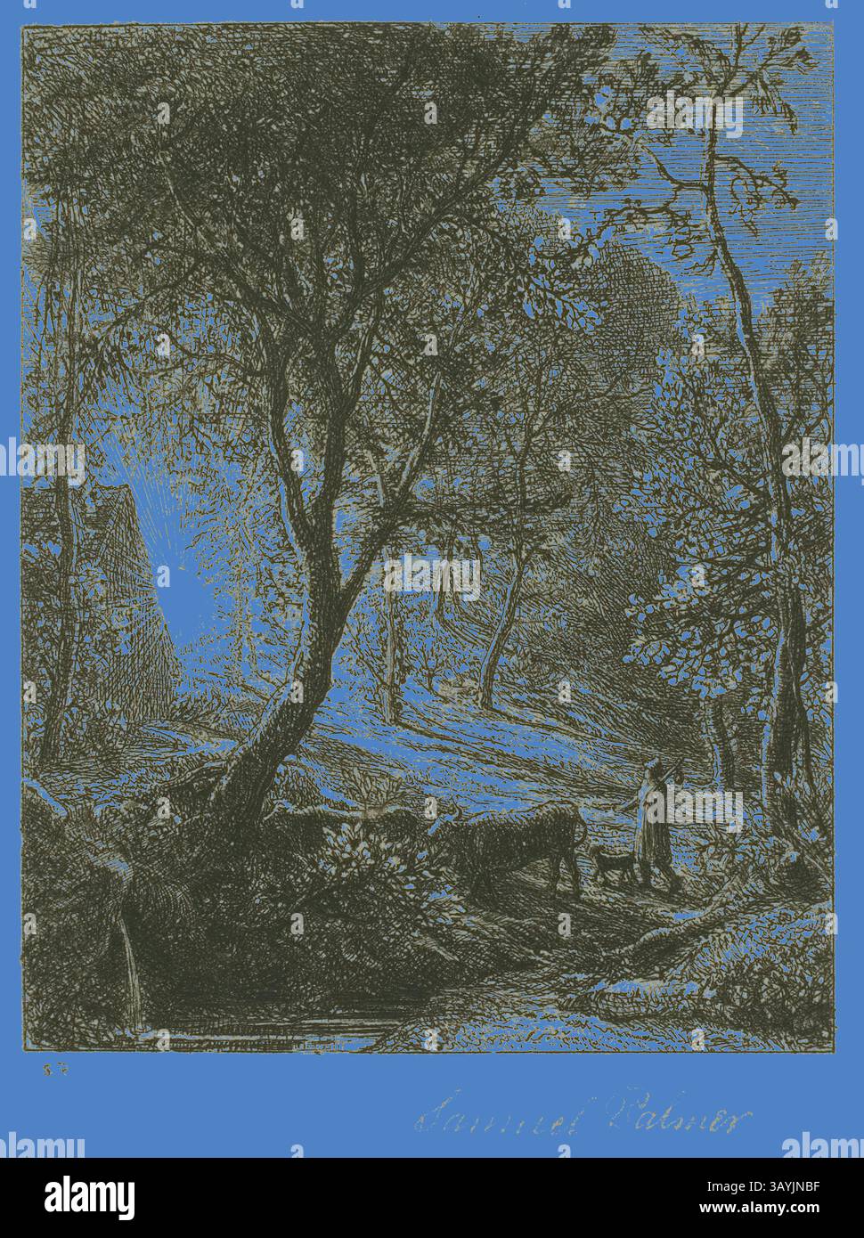 Un tranquillo paesaggio presenta alberi lussureggianti e dolci colline, con una figura che guida il bestiame attraverso la tranquilla scena, illuminata da una luce soffusa che filtra attraverso il fogliame. L'atmosfera evoca un senso di pace e armonia con la natura. Sunset, c. 1850, Samuel Palmer, inglese, 1805-1881, Inghilterra, incisione su carta, 97 x 77 mm (immagine), 103 x 124 mm (piastra), 351 x 264 mm (foglio) Arte classica con un tocco moderno reinventata da Artotop Foto Stock Un tranquillo paesaggio presenta alberi lussureggianti e dolci colline, con una figura che guida il bestiame attraverso la tranquilla scena, illuminata da una luce soffusa che filtra attraverso il fogliame. L'atmosfera evoca un senso di pace e armonia con la natura. Sunset, c. 1850, Samuel Palmer, inglese, 1805-1881, Inghilterra, incisione su carta, 97 x 77 mm (immagine), 103 x 124 mm (piastra), 351 x 264 mm (foglio) Arte classica con un tocco moderno reinventata da Artotop Foto Stock