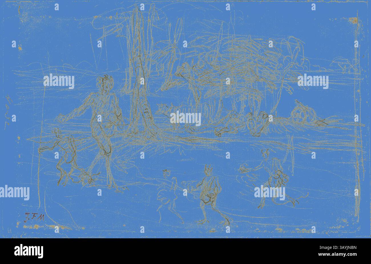 Una scena stravagante raffigurante figure impegnate in varie attività all'interno di un ambiente naturale, circondato da alberi e acqua, che evoca un senso di giocosa tranquillità. The Devil Sewing, 1848/52, Jean Francois Millet, francese, 1814-1875, Francia, grafite su carta posato avorio, sbiadita in crema, 135 x 209 mm arte classica con un tocco moderno reinventata da Artotop Foto Stock