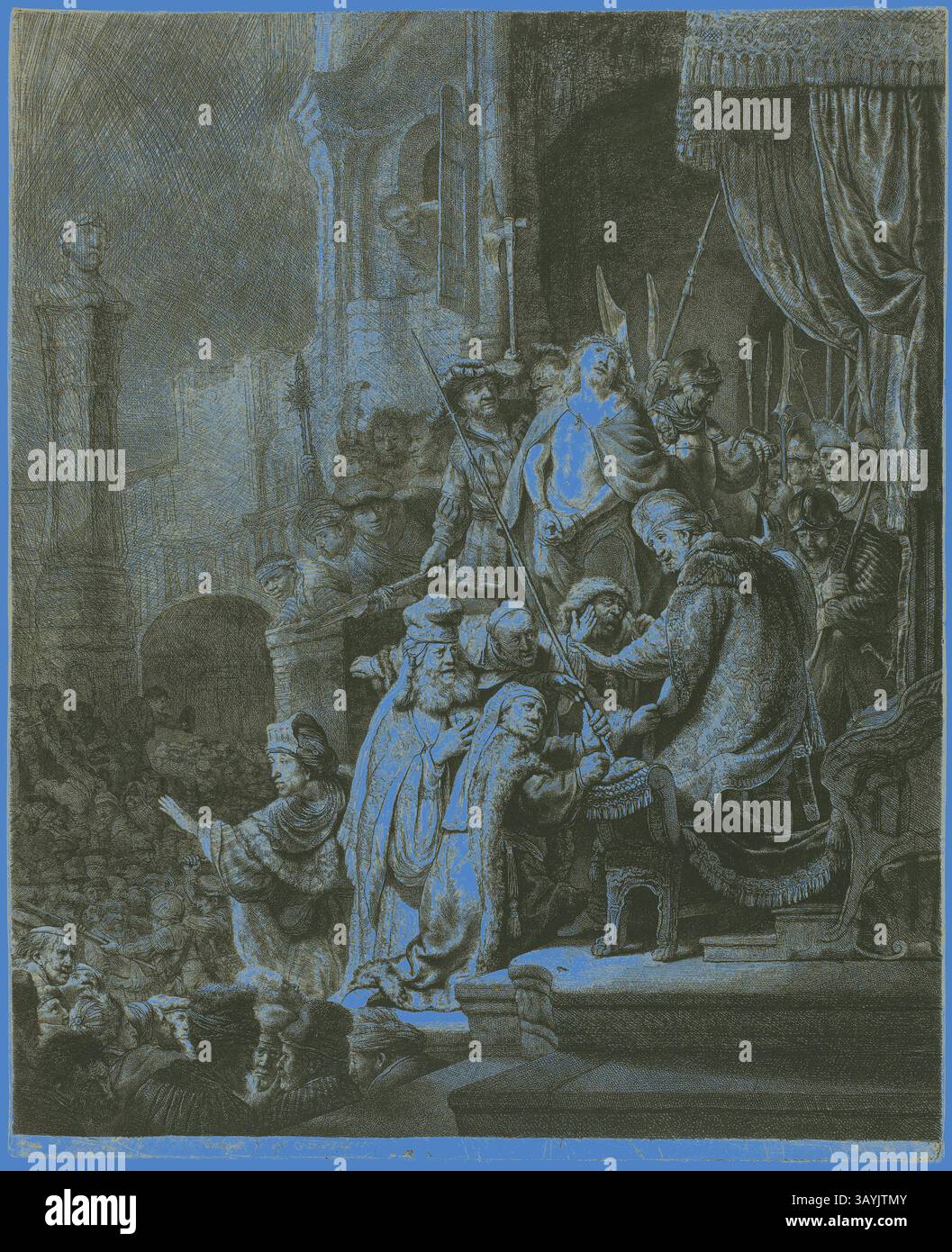 Una grande scena raffigura un raduno storico, con un sovrano seduto su un trono, circondato da cortigiani e spettatori. Le espressioni dei personaggi trasmettono un mix di riverenza, tensione e anticipazione, ambientato in un ambiente architettonico ricco di dettagli. Cristo prima di Pilato: Large Plate, 1635, Rembrandt van Rijn, olandese, 1606-1669, Olanda, incisione su carta, 543 x 449 mm (immagine); 552 x 449 mm (piastra); 556 x 455 mm (foglio) Arte classica con un tocco moderno reinventata da Artotop Foto Stock