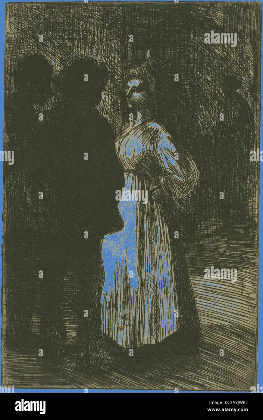 Una figura solitaria si trova in una scena poco illuminata, circondata da sagome ombre. Il contrasto tra l'indumento leggero e le forme più scure crea un punto focale sorprendente, evocando un senso di mistero e intrigo. Conversation at Night, 1898, Théophile-Alexandre Steinlen, francese, Born Switzerland, 1859-1923, Francia, incisione da una piastra di zinco su carta spessa tessuta di panna, 181 x 120 mm (fosforo/piastra), 407 x 280 mm (foglio) Arte classica con un tocco moderno reinventato da Artotop Foto Stock