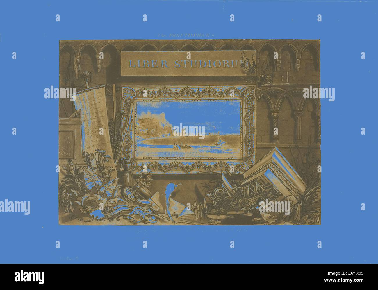 Una scena decorata con simboli educativi, tra cui una cornice decorativa, libri e vari oggetti accademici, ambientata su un vivace sfondo blu. La composizione evoca temi di conoscenza e studio, circondati da una flora lussureggiante e da intricati elementi architettonici. The Frontspiece to Liber Studiorum, pubblicato il 23 maggio 1812, Joseph Mallord William Turner (inglese, 1775-1851), Border inciso da J.C. Easling (britannico, attivo XIX secolo), Inghilterra, incisione e incisione in marrone su carta posata avorio, 188 x 265 mm (immagine), 213 x 298 mm (piatto), 268 x 383 mm (foglio) arte classica con un moderno Foto Stock