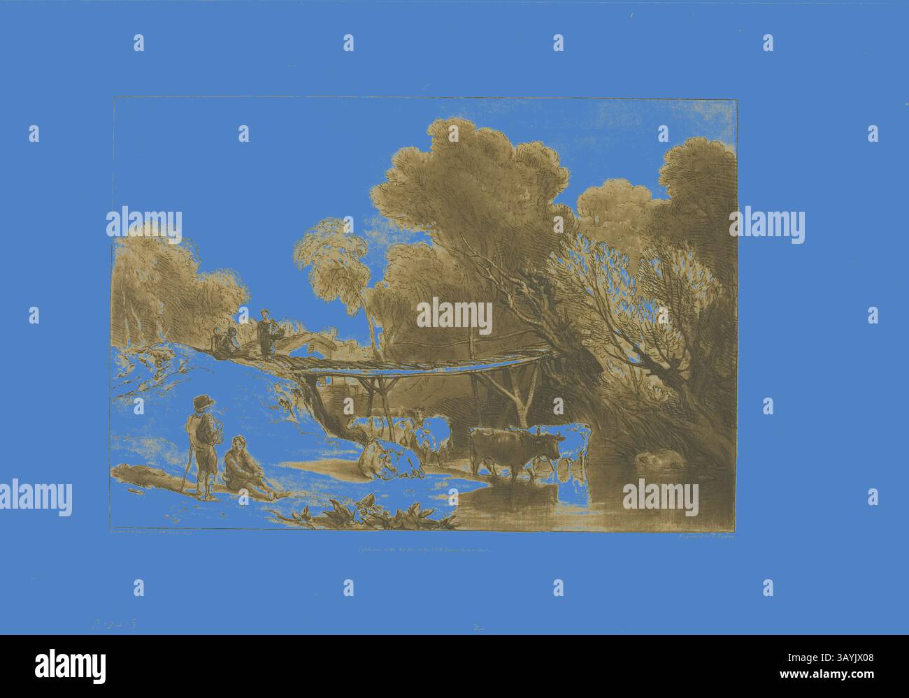 Un paesaggio tranquillo presenta una tranquilla scena sulle rive del fiume con figure impegnate in varie attività. I bovini pascolano nelle vicinanze, mentre alberi lussureggianti incorniciano l'ambiente, creando una connessione pacifica tra natura e umanità. Ponte e mucche, piatto 2 da Liber Studiorum, pubblicato l'11 giugno 1807, Joseph Mallord William Turner (inglese, 1775-1851), inciso da Charles Turner (inglese, 1773-1857), Inghilterra, incisione e incisione in marrone su carta posata avorio, 182 x 263 mm (immagine), 208 x 288 mm (piatto), 287 x 383 mm (foglio) Arte classica con un tocco moderno reimmaginato da Artotop Foto Stock