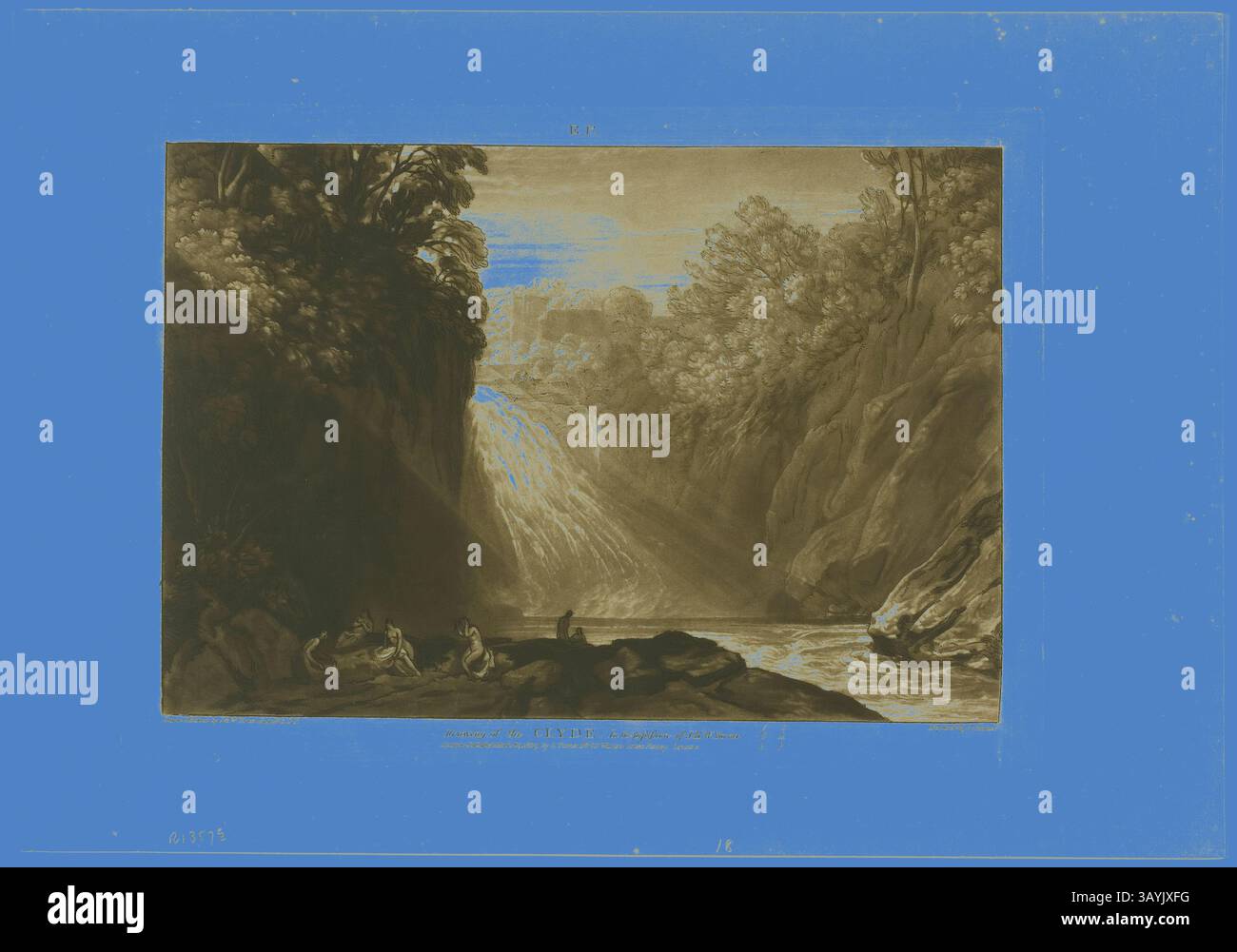 Un tranquillo paesaggio presenta una cascata circondata da alberi lussureggianti e scogliere rocciose. Alla base scorre un tranquillo fiume, mentre lungo la riva si vedono figure che ammirano la bellezza naturale e l'atmosfera tranquilla. Il gioco di luci mette in risalto i dettagli del paesaggio, creando un senso di armonia e calma. The Fall of the Clyde, placca 18 del Liber Studiorum, pubblicata il 29 marzo 1809, Joseph Mallord William Turner (inglese, 1775-1851), incisa da Charles Turner (inglese, 1773-1857), Inghilterra, incisione e incisione su carta avorio, impostata su carta avorio, 181 x 265 mm (immagine), 209 Foto Stock