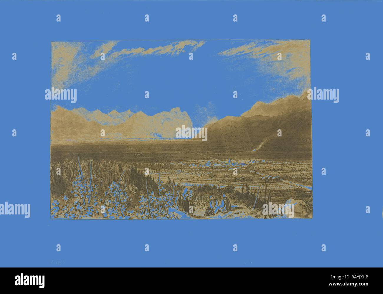 Un paesaggio pittoresco caratterizzato da una vallata estesa delimitata da montagne maestose, con gruppi di alberi in primo piano. Il cielo sopra è vibrante, contrastando vividamente con i toni della terra del paesaggio sottostante. Due figure possono essere viste appollaiate su una roccia, apparentemente ammirando la vista. Chain of Alps from Grenoble to Chamberi, placca 40 from Liber Studiorum, pubblicato il 23 maggio 1812, Joseph Mallord William Turner (inglese, 1775-1851), inciso da William Say (inglese, 1768-1834), Inghilterra, incisione e mezzotinta in marrone su carta posata avorio, 179 x 261 mm (immagine), 210 x 292 mm (piastra), 266 x 383 mm Foto Stock