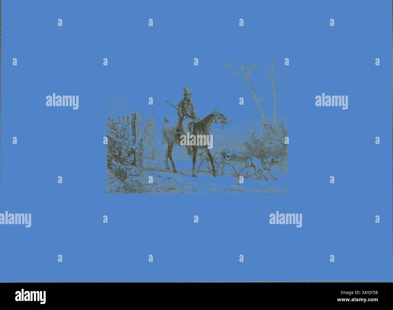Un cavaliere a cavallo, vestito con un tradizionale abbigliamento da caccia, è accompagnato da un paio di cani che attraversano un paesaggio rurale, incorniciato da una recinzione rustica e da alberi. Caught, n.d., Horace Vernet (francese, 1789-1863), stampato da Francois Seraphin Delpech (francese, 1778-1825), Francia, litografia in nero su carta intrecciata d'avorio, 152 x 210 mm (immagine), 323 x 455 mm (foglio) Arte classica con un tocco moderno reinventata da Artotop Foto Stock