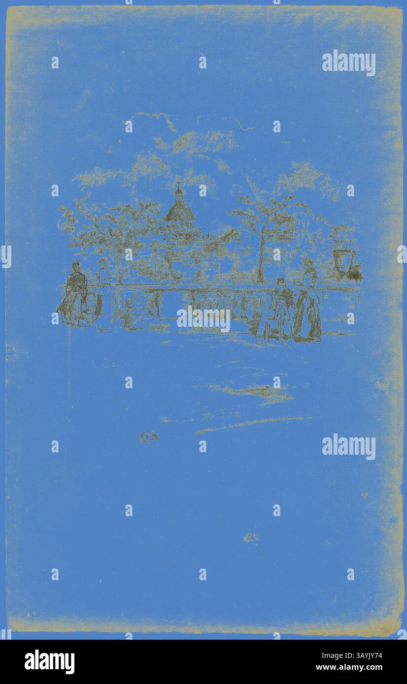 Un parco tranquillo caratterizzato da un gazebo centrale circondato da alberi, con figure elegantemente vestite che si impegnano in attività rilassanti nelle vicinanze. L'atmosfera trasmette un senso di tranquillità e fascino storico. Il Pantheon, dalla Terrazza dei Giardini del Lussemburgo, 1893, James McNeill Whistler, americano, 1834-1903, Stati Uniti, trasferimento litografia in nero con intaglio, su carta panna posata, 182 x 160 mm (immagine), 331 x 210 mm (foglio) Arte classica con un tocco moderno reinventata da Artotop Foto Stock