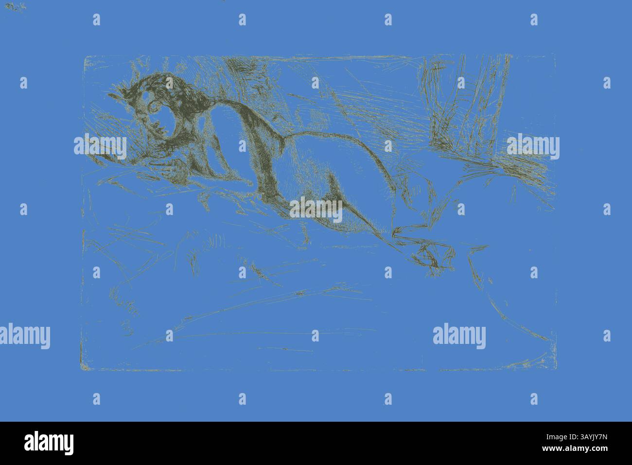 Una figura reclinabile si appoggia comodamente su un letto e il loro corpo è posizionato in una posizione rilassata. Lo sfondo presenta linee testurizzate che suggeriscono un ambiente sereno e intimo, evocando un senso di tranquillità. Venus, 1859, James McNeill Whistler, americano, 1834-1903, Stati Uniti, Etching e drypoint con morso in inchiostro nero su carta panna posata, 150 x 227 mm (immagine/piastra), 189 x 278 mm (foglio) Arte classica con un tocco moderno reinventata da Artotop Foto Stock
