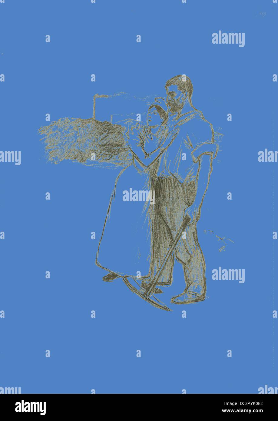 Una coppia sta vicino in un ambiente pastorale, con l'uomo che tiene un forcone mentre guarda in lontananza. La scena suggerisce un momento di connessione e speranza, riflettendo temi del duro lavoro e della vita rurale. Liberty’s Last Refuge, luglio 1894, Théophile-Alexandre Steinlen, francese, nato in Svizzera, 1859-1923, Francia, litografia in nero su carta intrecciata color crema, 333 x 280 mm (immagine), 548 x 382 mm (foglio) Arte classica con un tocco moderno reinventata da Artotop Foto Stock