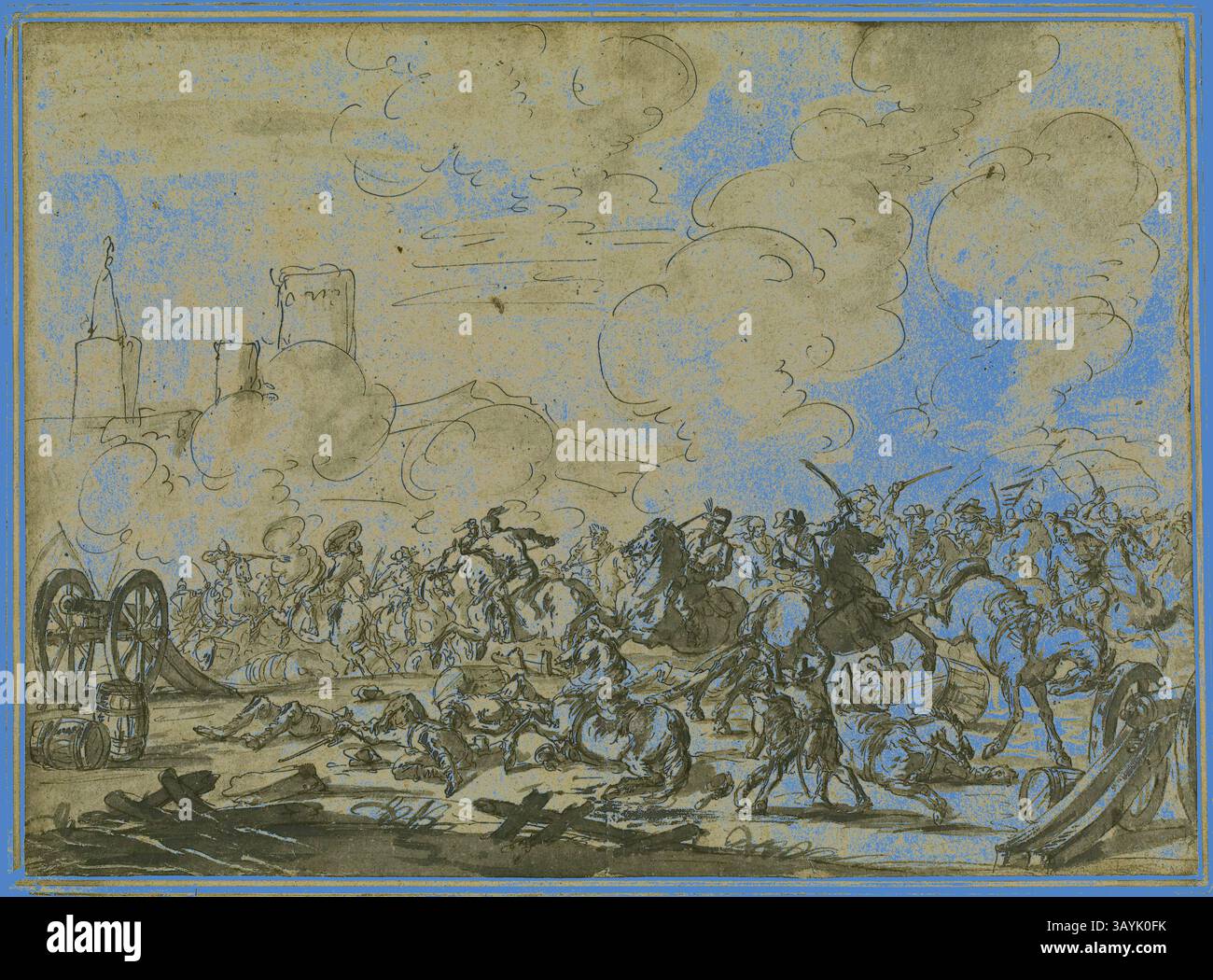 Si svolge una caotica scena di battaglia, con soldati a cavallo che si scontrano tra polvere e fumo. I cannoni sono posizionati in primo piano, mentre lo sfondo presenta strutture rovinate e un senso di tumulto, che illustra l'intensità del conflitto. Cavalry and Artillery Battle, n.d., Style of Jacques Courtois, French, c. 1729-c. 1767, Francia, inchiostro a penna e marrone, pennello e lavaggio nero e grigio, accentuato con il bianco piombo (scolorito), su carta marrone, stilato su carta panna, 427 x 589 mm arte classica con un tocco moderno reinventato da Artotop Foto Stock