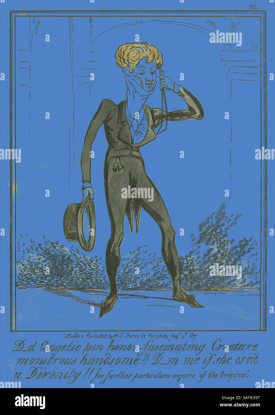 Un personaggio stravagante vestito con un abbigliamento teatrale regge un cappello mentre si trova in una posa giocosa, trasuda fascino e sicurezza. Il design presenta un audace sfondo blu, che esalta i dettagli vivaci del costume e dell'espressione. Una didascalia nota umoristicamente l'accattivante presenza del personaggio e mette in discussione il suo fascino divino. D d Angelic pon Honor-Charming creature Monstrous Handsome!!, pubblicato il 9 agosto 1817, George Cruikshank (inglese, 1792-1878), pubblicato da S.W. Fores (inglese, 1761-1838), Inghilterra, incisione colorata a mano su carta posato avorio, 281 x 223 mm (immagine), 333 x 235 mm (foglio Foto Stock