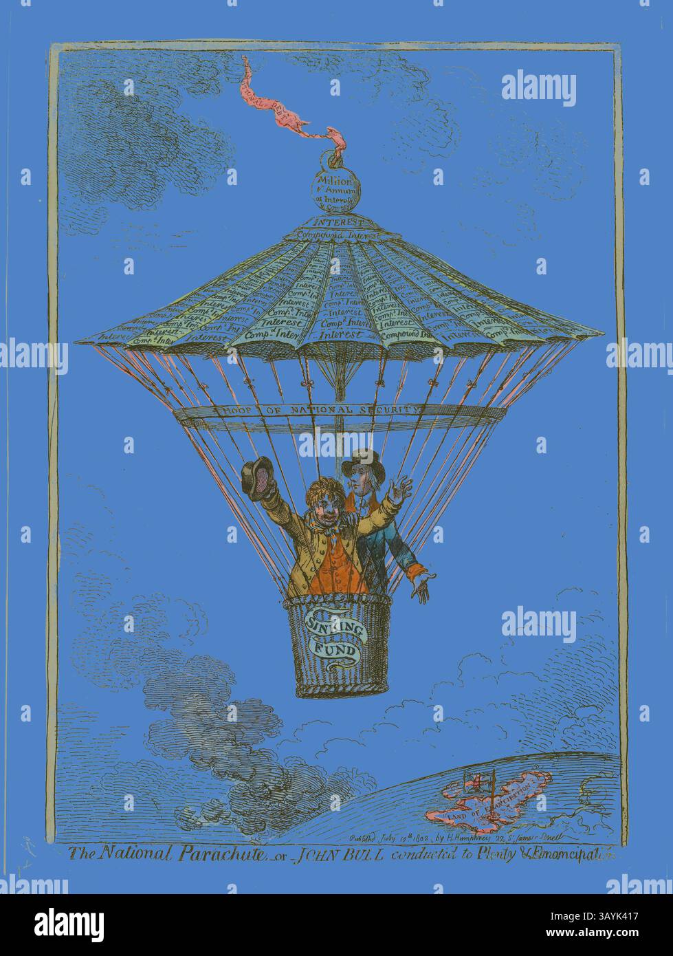 Una mongolfiera stravagante presenta un duo gioioso, uno che salta entusiasta, mentre sale tra nuvole giocose. La mongolfiera è adornata da testo e immagini, che accennano a temi di avventura e orgoglio nazionale. Sotto, un debole profilo di terra aggiunge al senso di esplorazione. The National Parachute, pubblicato il 10 luglio 1802, James Gillray (inglese, 1756-1815), pubblicato da Hannah Humphrey (inglese, c. 1745-1818), Inghilterra, incisione colorata a mano su carta, 337 x 240 mm (immagine), 352 x 250 mm (piastra), 372 x 280 mm (foglio) Arte classica con un tocco moderno reinventata da Artotop Foto Stock