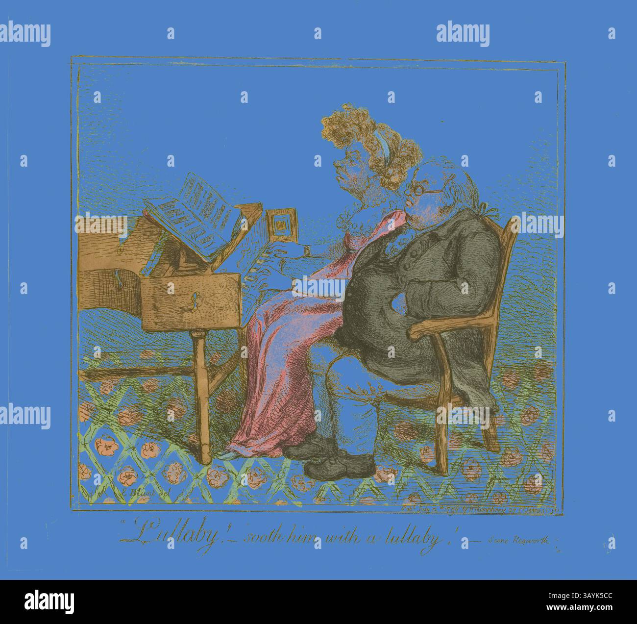 Una donna con un vestito rosa suona il pianoforte mentre un uomo portentoso seduto accanto a lei ascolta intensamente. La scena è incorniciata da un blu vibrante che aggiunge un tocco stravagante all'ambiente domestico. Il testo qui sotto suggerisce un tema giocoso di ninna nanna. Ninna nanna! Sooth him with a Lullaby!, pubblicato il 12 luglio 1798, James Gillray (inglese, 1756-1815), pubblicato da Hannah Humphrey (inglese, c. 1745-1818), Inghilterra, incisione colorata a mano su carta, 180 x 195 mm (immagine), 215 x 245 mm (piastra), 225 x 247 mm (foglio) Arte classica con un tocco moderno reinventata da Artotop Foto Stock