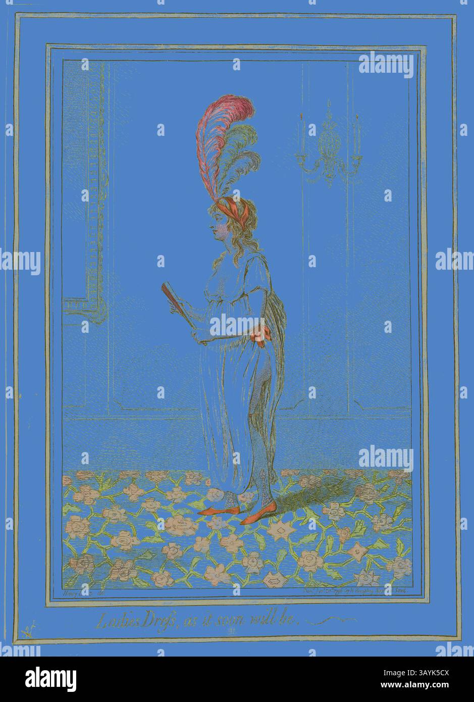 Una figura si erge elegantemente in una lussuosa stanza, adornata da un abbigliamento che scorre e da un alto copricapo piumato. Hanno un oggetto sottile, possibilmente una sceneggiatura o un invito, mentre un motivo floreale si estende sul pavimento, migliorando l'atmosfera opulenta. Un lampadario è ben visibile sullo sfondo, a indicare lusso e raffinatezza. Ladies Dress, AS Soon will be, pubblicato il 20 giugno 1796, James Gillray (inglese, 1756-1815), pubblicato da Hannah Humphrey (inglese, c. 1745-1818), Inghilterra, incisione in marrone scuro, con colorazione a mano e stipling, su carta tessuta crema, 305 x 215 mm (immagine), 313 Foto Stock