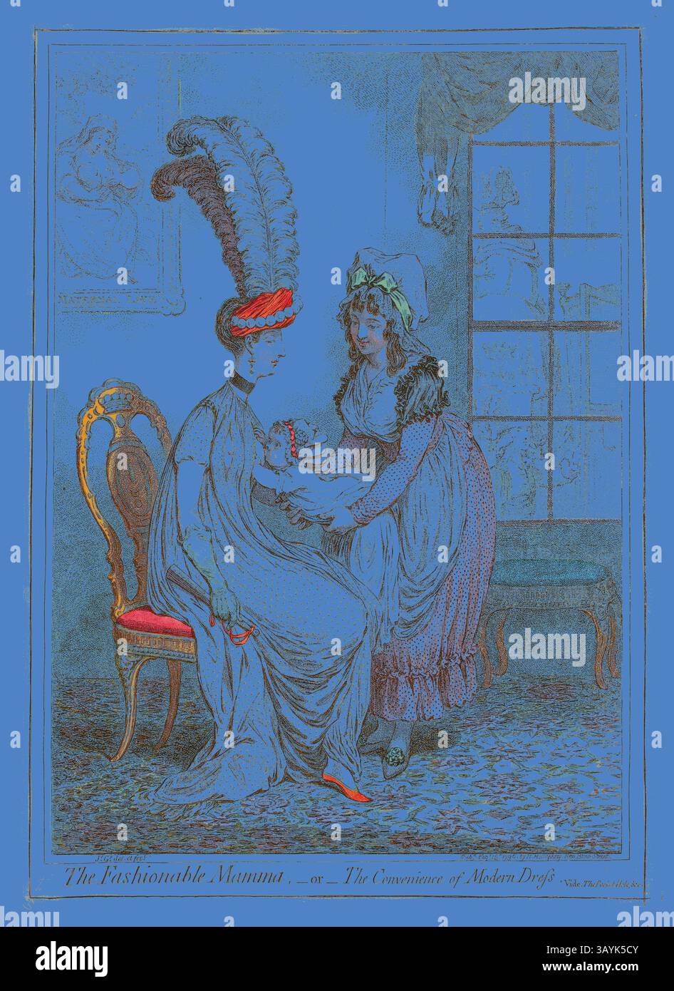 Una donna elegantemente vestita con uno stravagante copricapo in piuma si siede graziosamente su una sedia ornata, mentre un'altra donna con un abito più semplice le offre una piccola e delicata creatura, evocando un senso di moda e commenti sociali di un'epoca passata. The Fashionable Mamma, OR, The Convenience of Modern Dress, pubblicato il 15 febbraio 1796, James Gillray (inglese, 1756-1815), pubblicato da Hannah Humphrey (inglese, c. 1745-1818), Inghilterra, incisione colorata a mano su carta tessuta avorio, 346 x 245 mm (immagine), 349 x 249 mm (piatto), 354 x 253 mm (foglio) Arte classica con un tocco moderno reinventata da Artotop Foto Stock