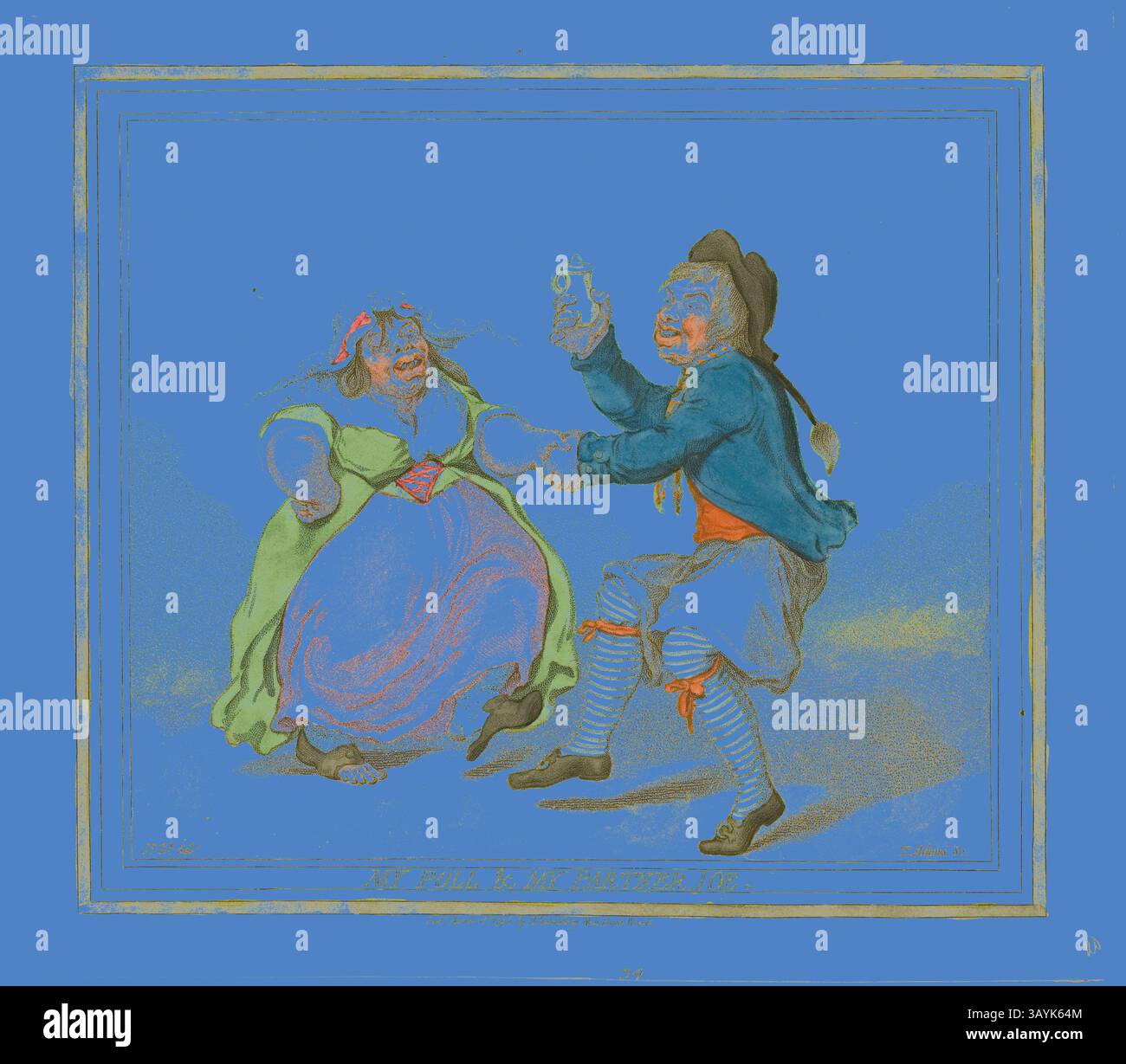 Una coppia gioviale si impegna in una danza vivace, con la donna che indossa un vestito colorato e un velo, mentre l'uomo solleva giocosamente un vaso da bere, entrambi trasudando un senso di allegria e celebrazione. I loro gesti espressivi e il loro abbigliamento luminoso creano un'atmosfera vivace. My poll and My Partner Joe, pubblicato il 18 aprile 1796, James Gillray (inglese, 1756-1815), pubblicato da Hannah Humphrey (inglese, c. 1745-1818), Inghilterra, incisione in marrone scuro, con colorazione a mano e stipling, su carta tessuta crema, 245 x 281 mm (immagine), 281 x 320 mm (piatto/foglio) Arte classica con un tocco moderno reinventata da Foto Stock