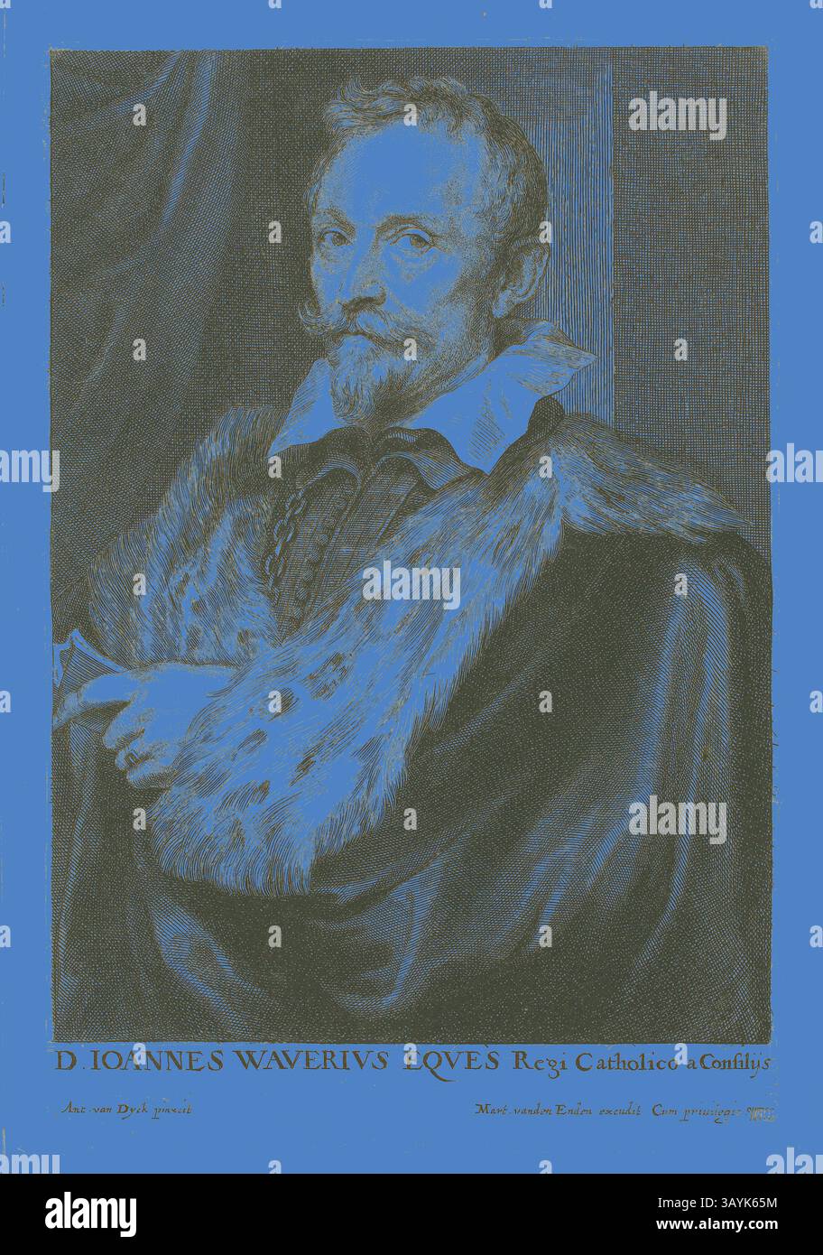 Ritratto di una figura di spicco vestita con un elegante abito con colletto in pelliccia, che trasuda un'aria di nobiltà e status. Lo sfondo presenta audaci tonalità blu, che enfatizzano la serietà espressiva del soggetto e i dettagli intricati del loro abbigliamento. L'iscrizione in fondo fornisce un nome e un titolo, suggerendo il significato dell'individuo. Jan van den Wouwer, 1630/45, Paul Pontius (fiammingo, 1603-1658), dopo Anthony van Dyck (fiammingo, 1599-1641), Fiandre, incisione in nero su carta panna posata, 232 x 152 mm (immagine), 235 x 155 mm (piatto), 247 x 173 mm (foglio) Arte classica con Foto Stock